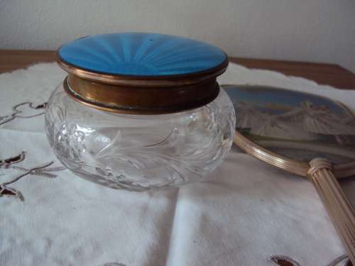 Vintage Dressing table set hand mirror & glass lidded cottonwool holder