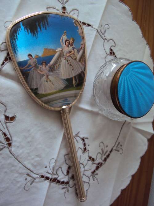 Vintage Dressing table set hand mirror & glass lidded cottonwool holder