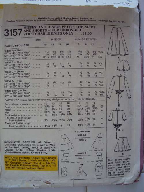 Easy Teen's petite top, skirt & shorts for Knits McCall's 3157 Size 7 bust 32" (unchecked)