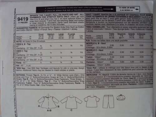 Baby top t-shirt pull on pants & hat for knits McCall's 9419 Size S-XL Unused & Uncut VGC