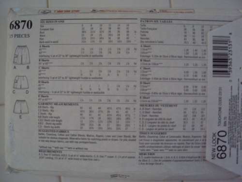 Easy Options Six shorts variations  NEW LOOK 6870 Size 6-16  **UNCUT * Unused  VGC