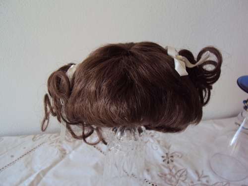 BELL CERAMICS doll wig 15-16" diam head white ribbon pigtails perfect for baby/toddler doll