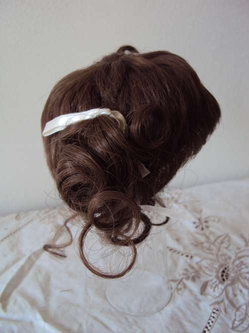 BELL CERAMICS doll wig 15-16" diam head white ribbon pigtails perfect for baby/toddler doll
