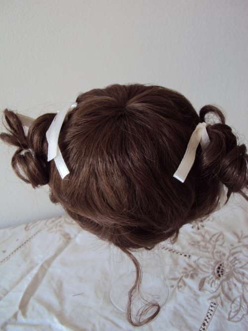 BELL CERAMICS doll wig 15-16" diam head white ribbon pigtails perfect for baby/toddler doll