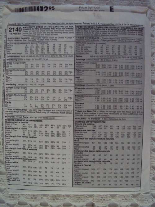 Practical Maternity wear McCall's 2140 Size 12-16   **Uncut & Unused VGC