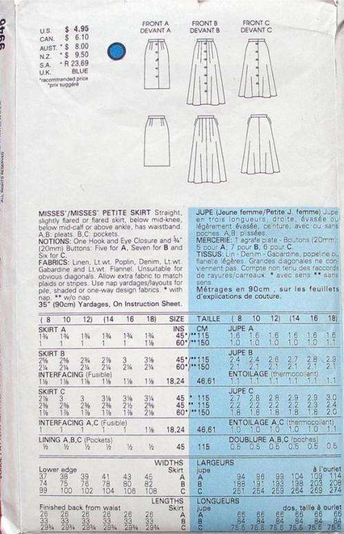 EASY Front button skirts 3 styles VOGUE 9946 Size 14-18  ***Uncut & unused