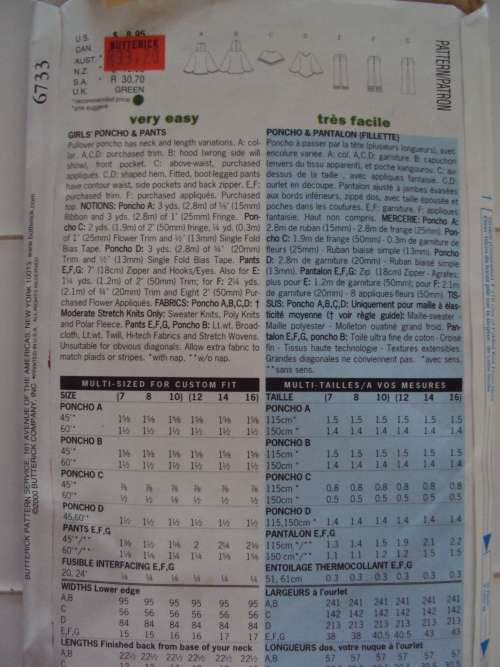 Girl's Poncho & pants Age 7-10yrs EASY Butterick 6733  **Complete & checked