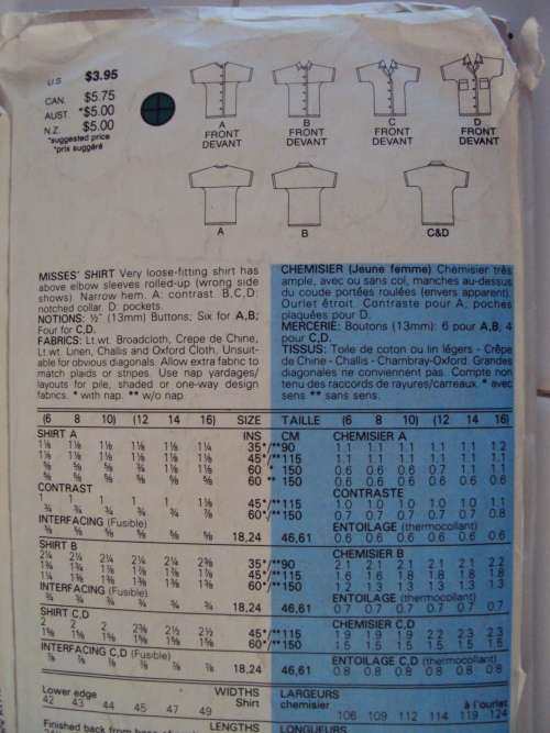 Loose fit shirt blouses Butterick 3768 Size 12-16   **Complete & checked