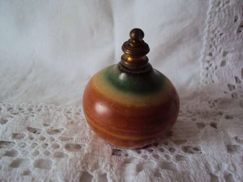 KOUROS GREECE pottery & brass perfume bottle with dipping wand 6cm tall Vintage