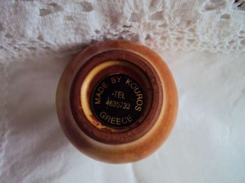 KOUROS GREECE pottery & brass perfume bottle with dipping wand 6cm tall Vintage