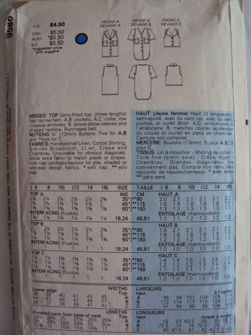 VINTAGE SEMI FITTED BLOUSES 3 LENGTHS Size 12-16 Very Easy Vogue 9586  **UNCUT & UNUSED