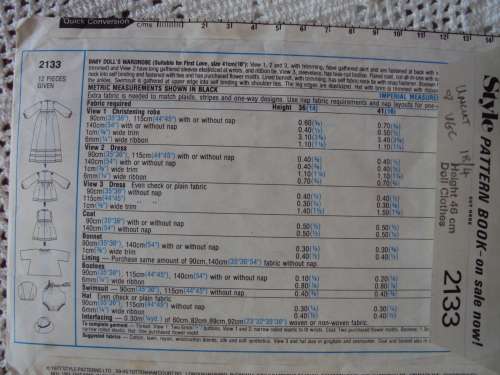 FIRST LOVE DOLL sewing pattern outfits STYLE 2133 *Uncut & unused VGC (46cm high dolls)