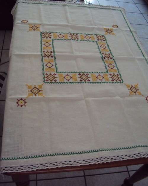 Hand embroidered 100% strong cotton Tablecloth with hand crochet edging  Size: 119 x 95cm