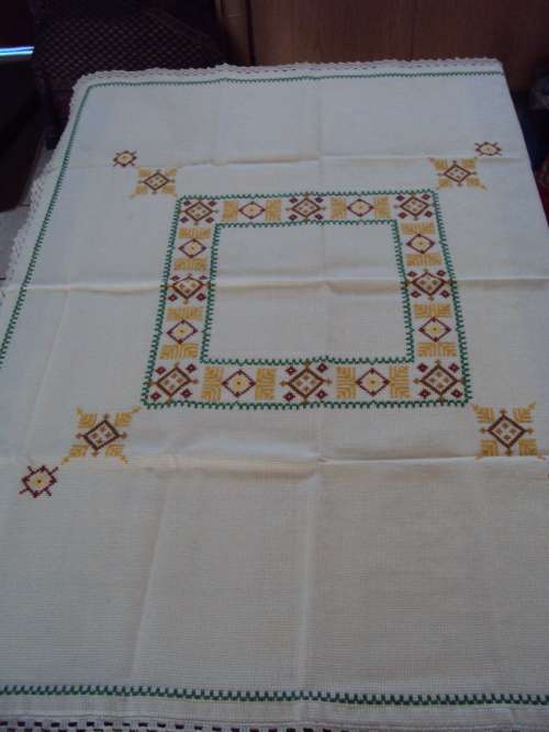 Hand embroidered 100% strong cotton Tablecloth with hand crochet edging  Size: 119 x 95cm