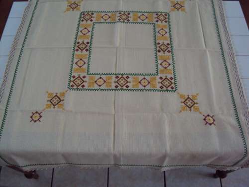 Hand embroidered 100% strong cotton Tablecloth with hand crochet edging  Size: 119 x 95cm