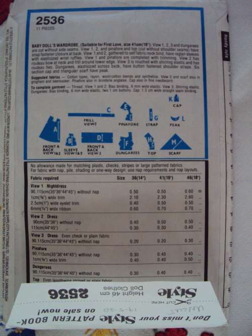 Sew some new outfits for your FIRST LOVE DOLL 46cm High dolls  STYLE 2536 *Uncut & unused