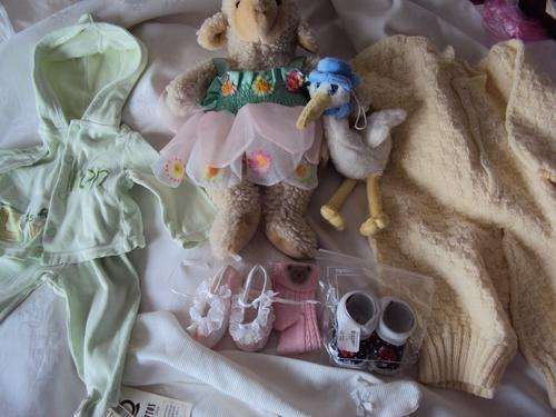 Bulk Lot of Baby Items, ladybird bootees, hand knitted All In One, Soft Toys