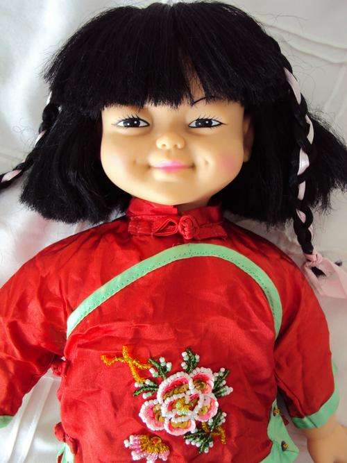 Adorable Smiling Chinese Doll 40cm in a traditional red outfit with beaded embroidery