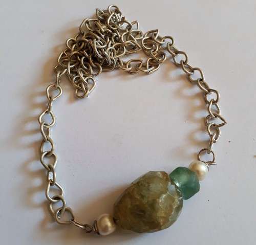 MARYKAY -  AQUAMARINE NECKLACE WITH UPCYCLED SEA GLASS  AND FRESHWATER PEARLS