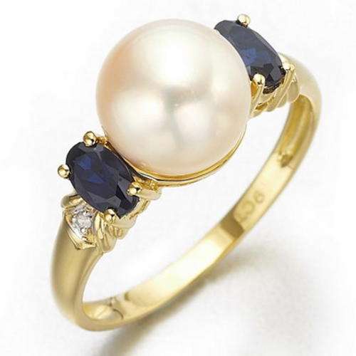 MARYKAY - MAGNIFICENT WHITE PEARL, BLUE SAPPHIRE & DIAMOND SOLID GOLD RING - SEPTEMBER BIRTHSTONE