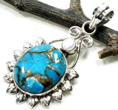 MARYKAY - SOLID COPPER BLUE TURQUOISE AND PEARL STERLING SILVER PENDANT