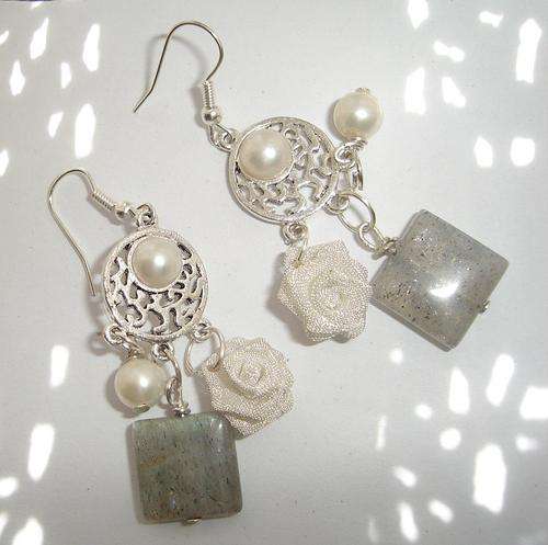 MARYKAY - BEAUTIFUL LABRADORITE,  PEARL AND ROSE CLUSTER EARRINGS