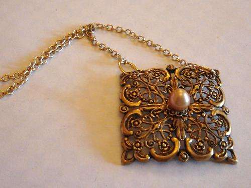 MARYKAY - ANTIQUE RECLAIMED BELT BUCKLE FILIGREE NECKLACE WITH PEARL ACCENT