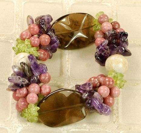 MARYKAY COLLECTION - STRIKING PREHNITE, RHODONITE, SMOKEY QUARTZ AND AMETHYST GEMSTONE BRACELET
