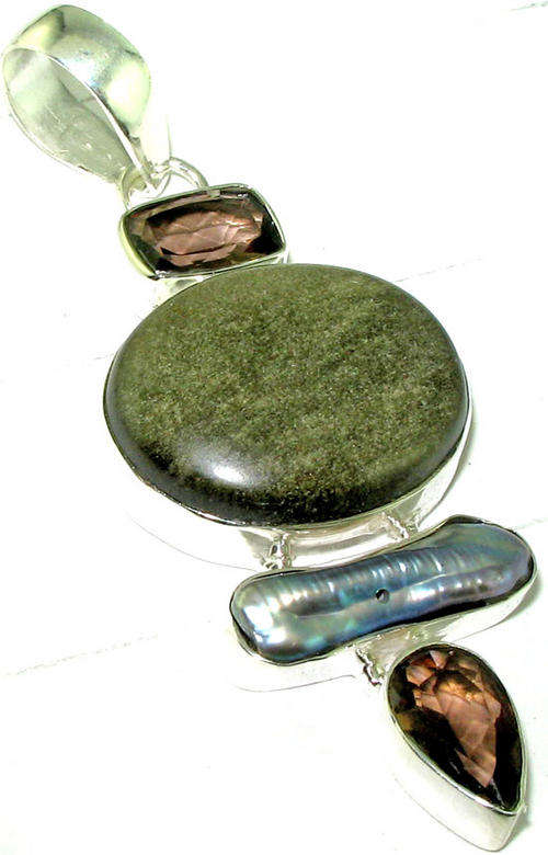 MARYKAY - MAGNIFICENT PYRITE,  BIWA PEARL AND SMOKEY QUARTZ SILVER PENDANT - CRAFTED IN INDIA