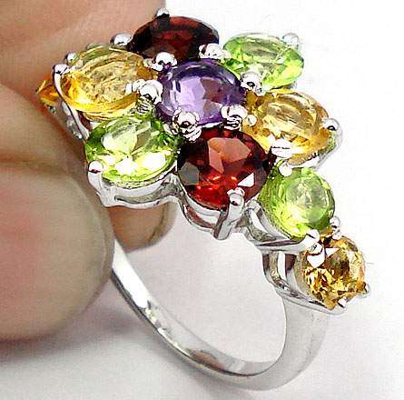 MARYKAY - MAGNIFICENT NATURAL AMETHYST, GARNET, PERIDOT AND CITRINE STERLING SILVER RING