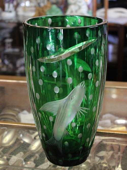 Waterford Deep Water Clear and Green Glass Vase.