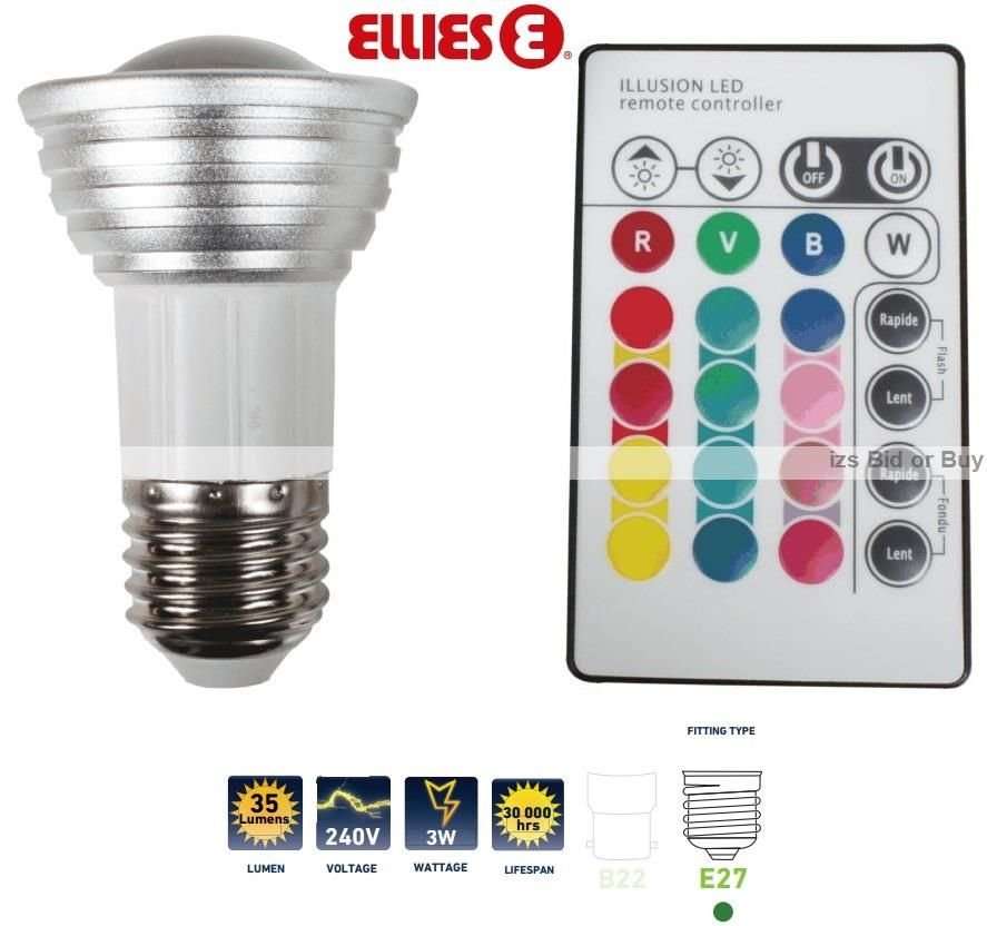 Ellies LED Colour Change Bulb With Remote Control E27 Screw On