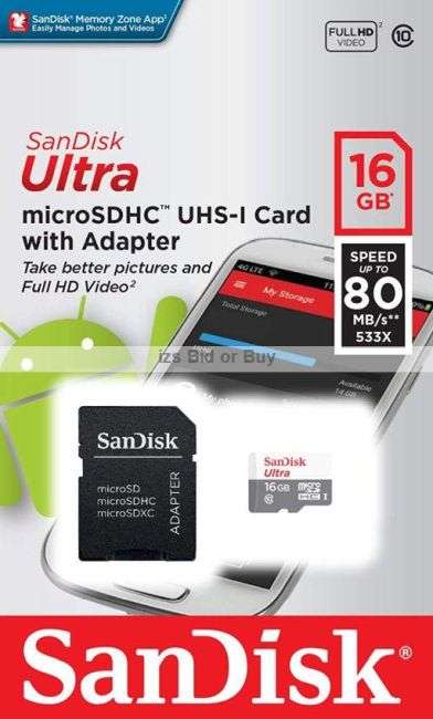 Sandisk Ultra 16GB microSDHC UHS-I Card & Adapter ***80MB/s 533X***