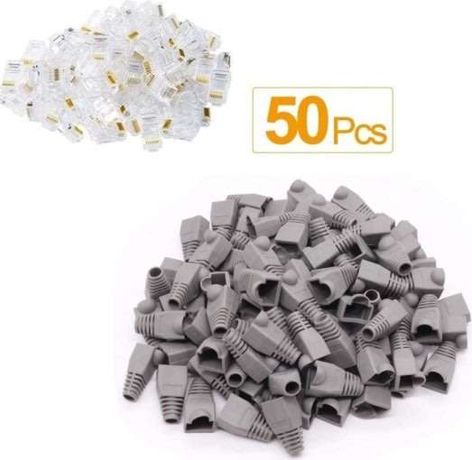 RJ45 Cat5e Crimp Connector and Grey Boots - 50 Pack