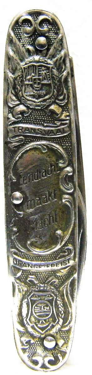 BOER WAR "OKAPI"  GERMANY, KRUGER - DE WET POCKET KNIFE WITH WHITE METAL HANDLES IN GOOD CONDITION