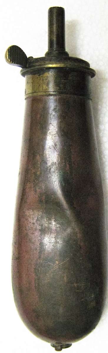 OLD BLACK GUN POWDER FLASK BY JAMES DIXON & SONS SHEFFIELD - READ DESCRIPTION BELOW 190 X 50 MM