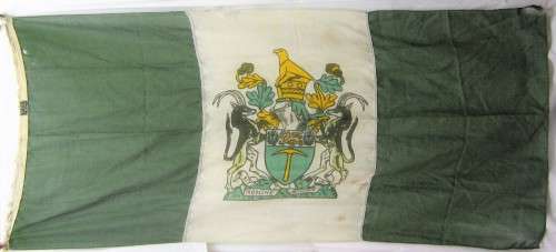 ORIGINAL,OLD, WELL USED, RHODESIAN FLAG IN A GOOD USED CONDITION - MAKERS LABEL & OLD OWNERS NAME