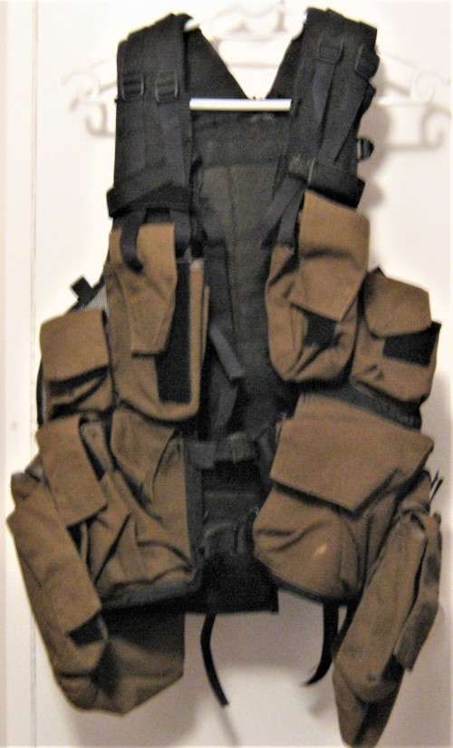 SADF 83 PATTERN BATTLE JACKET (VEST) WITH WATER BOTTLE, ALL STRAPS, CLIPS NO LABLE - GOOD USED COND