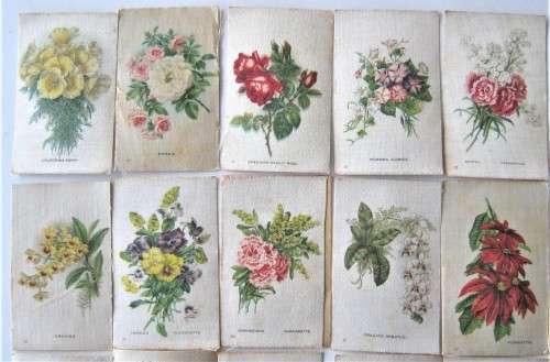 34 OF 50 OLD WESMINSTER CIGARETTES SATIN COVERED `GARDEN FLOWERS OF THE WORLD` CARDS