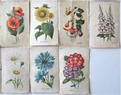 34 OF 50 OLD WESMINSTER CIGARETTES SATIN COVERED `GARDEN FLOWERS OF THE WORLD` CARDS