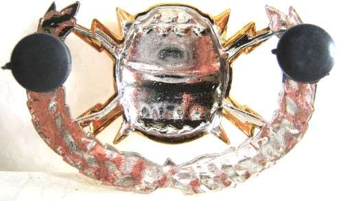 OLD S.A. NAVY LATER ISSUE MINE COUNTER MEASURES BREAST BADGE WITH GILDED MINE ON CHROME WREATH