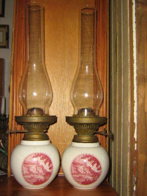 TWO CERAMIC DOUBLE WICK OIL LAMPS 470mm HIGH - Very good condition and it looks like they still work
