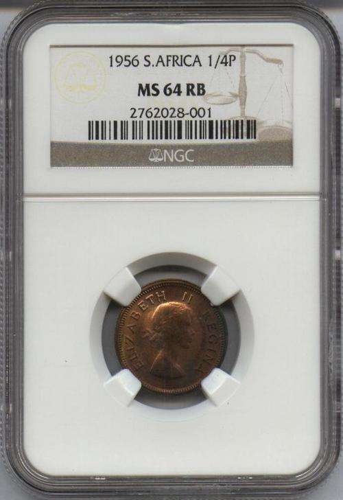 Priced to Go!! - Only 1 Graded Better - 1956 South Africa 1/4p Farthing Graded MS64RB - NGC