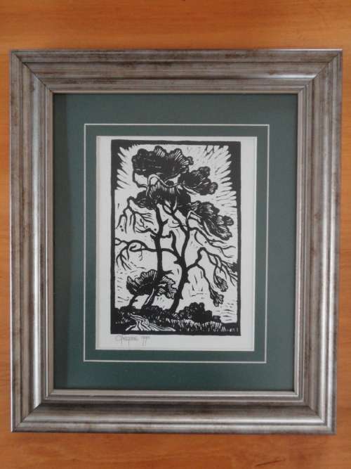 Gregoire Boonzaier Linocut .  Windy Trees .  Signed and Dated.