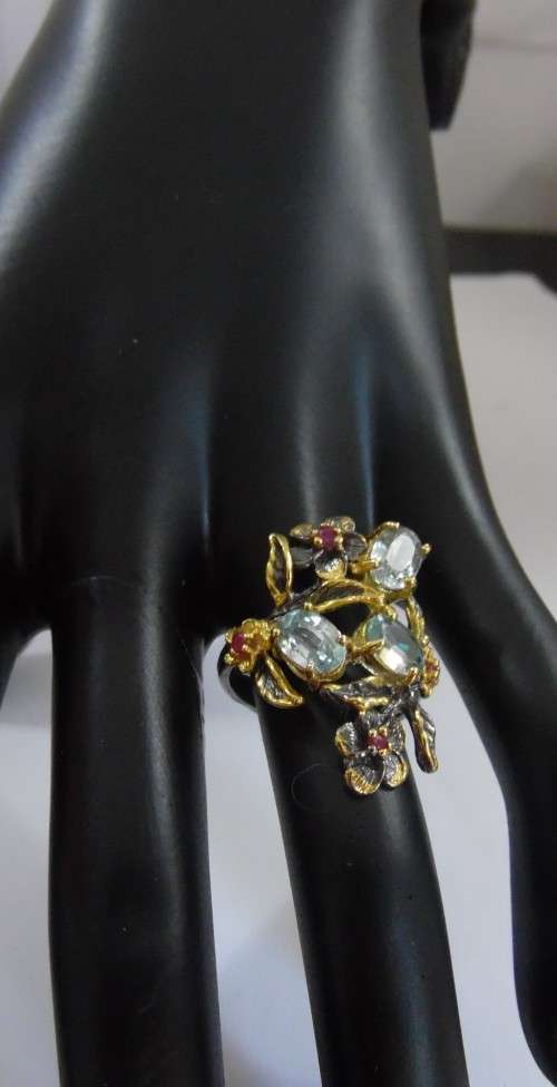 Real Blue Topaz and Ruby 925 Sterling Silver Ring