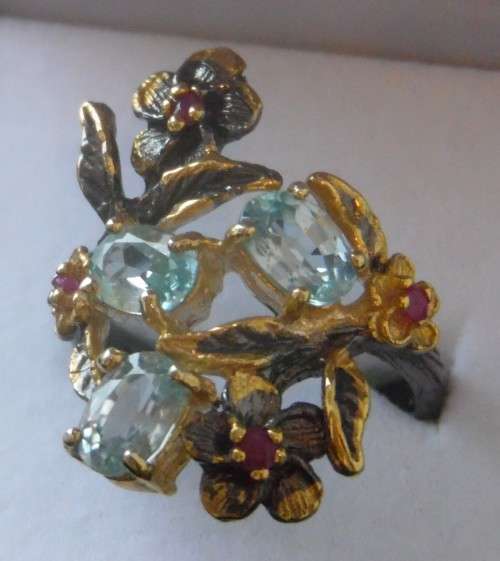 Real Blue Topaz and Ruby 925 Sterling Silver Ring