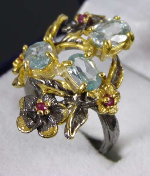 Real Blue Topaz and Ruby 925 Sterling Silver Ring