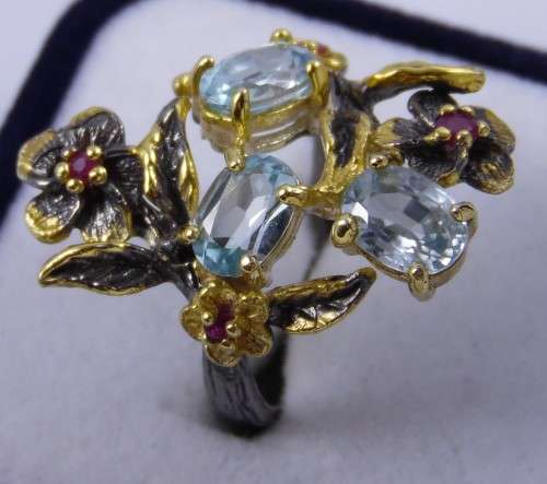 Real Blue Topaz and Ruby 925 Sterling Silver Ring