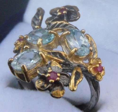 Real Blue Topaz and Ruby 925 Sterling Silver Ring