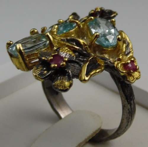 Real Blue Topaz and Ruby 925 Sterling Silver Ring